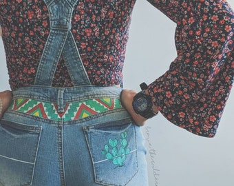Desert - Distressed Jean Overall Shorts with Hand Painted Pocket