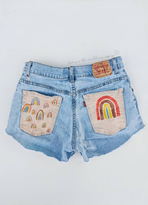 Boho Rainbow Jean Shorts With Hand 
