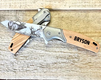 Personalized Engraved Pocket Knife | Wood Handle Stainless Steel Blade | For Men