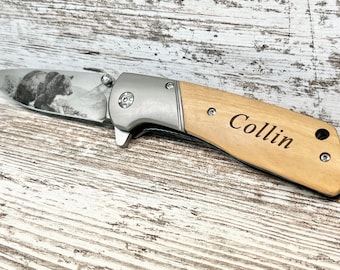 Engraved Pocket Knife: Bear Blade, Personalized Olive Wood Handle