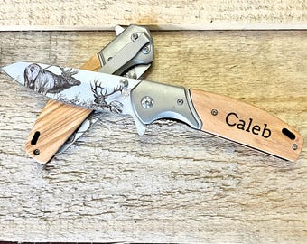 Personalized Engraved Pocket Knife | Wood Handle Stainless Steel Blade (Custom Engraving)