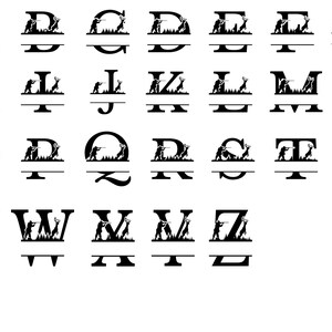 Op de afbeelding: Een set van 26 gesplitste monogramletters met een jager met een geweer en een hert. De letters zijn zwart en geschikt voor knutselprojecten.