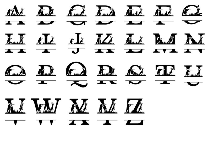 Op de afbeelding: Een set van 26 gesplitste monogramletters met een jager met een geweer en een hert. De letters zijn zwart en geschikt voor knutselprojecten.