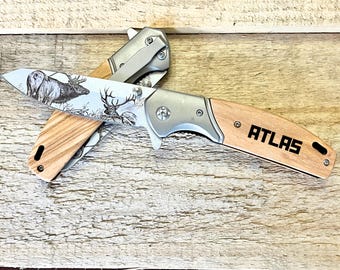 Custom Engraved Folding Knife | Wood Handle Stainless Steel Blade (Made to Order)
