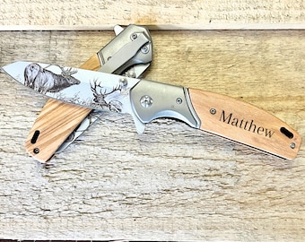 Custom Engraved Pocket Knife | Wood Handle Stainless Steel Blade | Personalized Gift for Him
