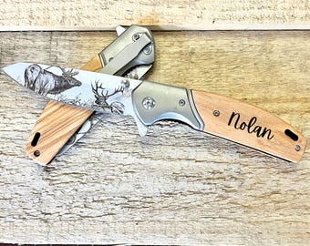 Custom Engraved Pocket Knife | Wood Handle Stainless Steel Blade | Personalized Gift for Him