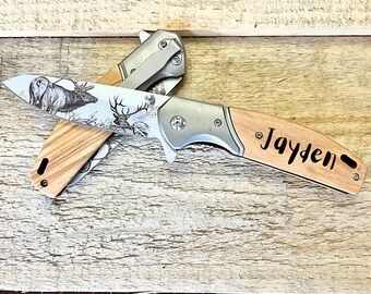 Custom Engraved Pocket Knife | Wood Handle Stainless Steel Blade | Personalized Gift for Him