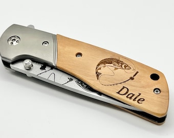 Engraved Pocket Knife: Fishing Scene, Personalized Gift for men
