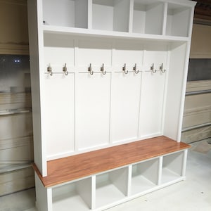 Hallway Tree with Bench and Storage | Farmhouse Mudroom Hall Tree | Shaker entryway hall tree | Custom built to order