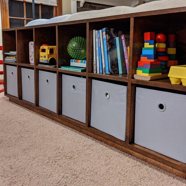 Storage shelf or toy shelf, fits fabric bins, built to order