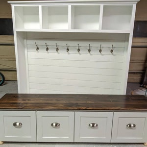 Hallway Tree with Shiplap Back and Bench | Farmhouse Mudroom Hall Tree | Shaker entryway hall tree | Custom built to order