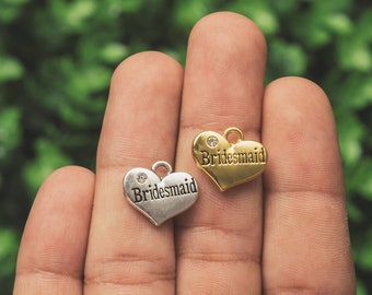 Silver Bridesmaid Charms, Gold Bridesmaids Pendants with Diamond Sparking Rhinestones, Double sided heart charm