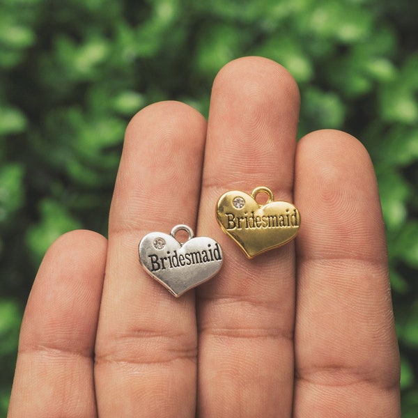 Silver Bridesmaid Charms, Gold Bridesmaids Pendants with Diamond Sparking Rhinestones, Double sided heart charm