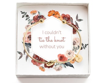 Gift for Bridesmaid Proposal box, Personalized Tie the Knot Bridesmaid Bracelet with Initial Engraving I can't tie the knot without you