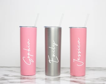 Tumbler for Bridesmaid Gift, Insulated with straw and Lid, Personalized Skinny Stainless Steel 20oz Christmas Gift Tumbler Pink Silver White