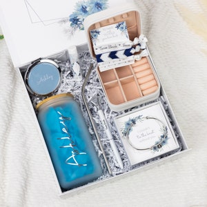 Will you be my Bridesmaid Proposal Gift for Maid of Honor, Matron of Honor Gift Box Set with Glass Cup Dusty Blue Tumbler Gold Silver