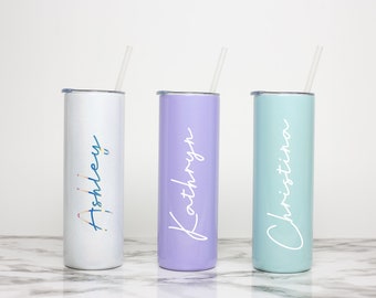 Personalized Skinny Tumbler for Christmas Gift Box, Insulated with straw and Lid, Gift for Her, Stainless Steel 20oz Tumbler with Vinyl