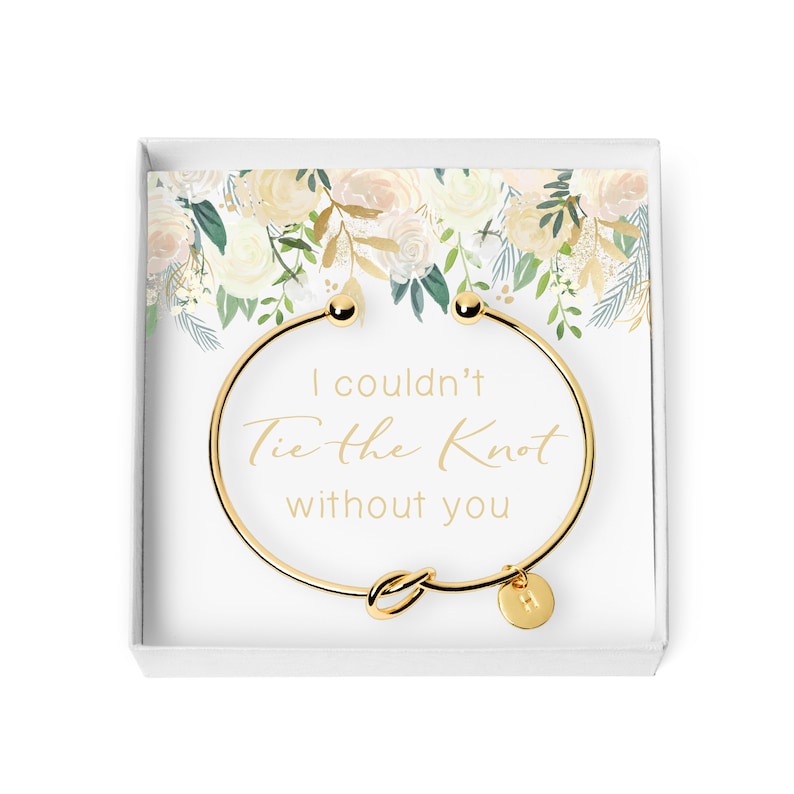 Personalized Initial Bridesmaid Gift, Bridesmaid Proposal Box, Tie the Knot Bracelet Jewelry, Custom Engraved Bridesmaid bracelet image 1