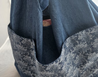 Denim Grocery Shopping Bag, Fabric Gift Bag, Foldable, Reusable, Washable.  Stocking Stuffer, Gift Bag