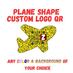 May include: A yellow airplane-shaped QR code featuring a central red square with a white letter Z. The text reads PLANE SHAPE CUSTOM LOGO QR and ANY COLOR & BACKGROUND OF YOUR CHOICE. The design uses black pixelated patterns on a yellow background.