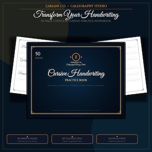 Puede incluir: Un cuaderno de ejercicios de caligrafía cursiva de 50 páginas de Zarians Co. Calligraphy Studio. La portada azul oscuro presenta texto dorado que dice Transform Your Handwriting, Cursive Handwriting Practice Book y detalles sobre ejercicios.