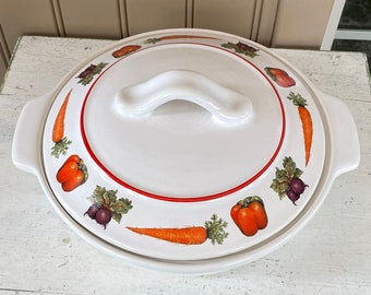 Treasure Craft stoneware casserole with lid Vegetable design casserole Made in USA