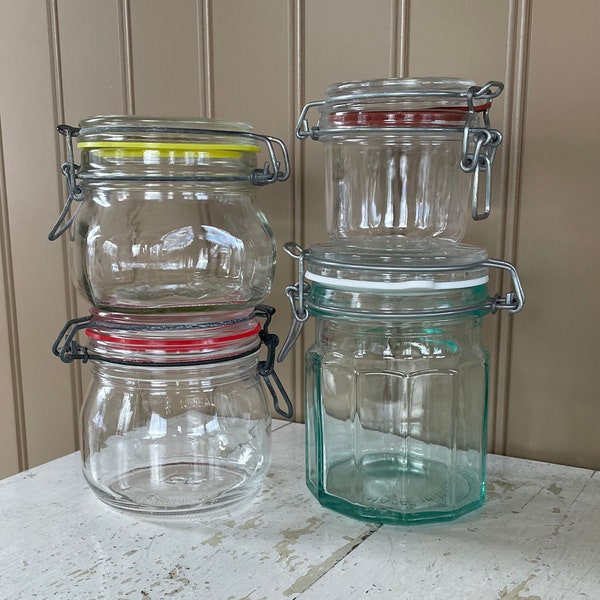 Small glass canisters with wire bale Made in Italy or France Sold separately See descriptions