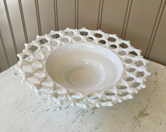 Lace edged EAPG milk glass footed bowl Reticulated centerpiece bowl