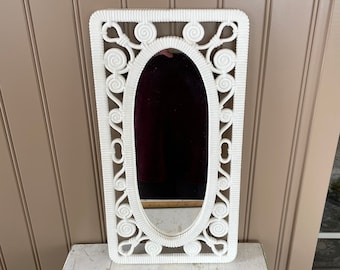 1977 Syroco white faux wicker oval mirror Cottage chic plastic #3337