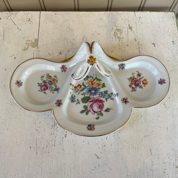 Limoges France floral 3 section snack dish with handle Antique hand painted divided dish