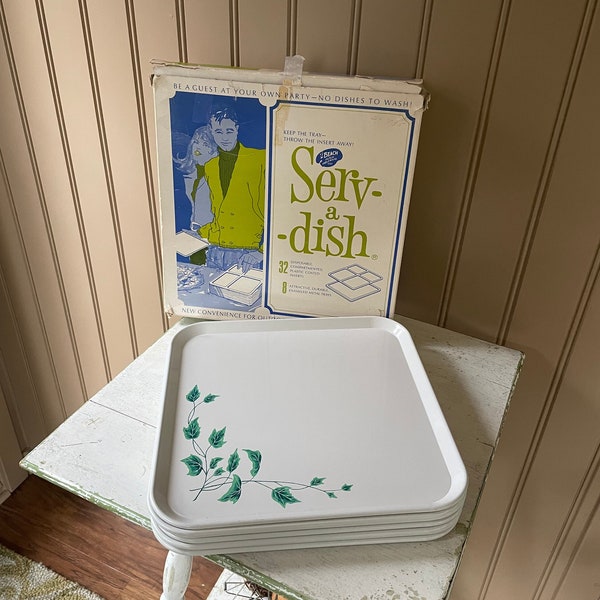 Serv-a-dish metal trays and divided paper plates Set of 8 in original mid century box