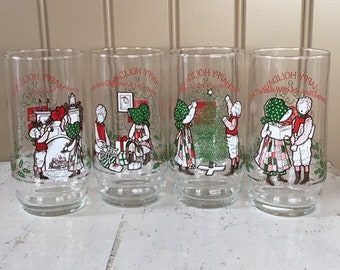 Holly Hobbie American Greetings Coca-Cola glasses 1980 Set of 4 Deck the Halls With Holly and Robby series