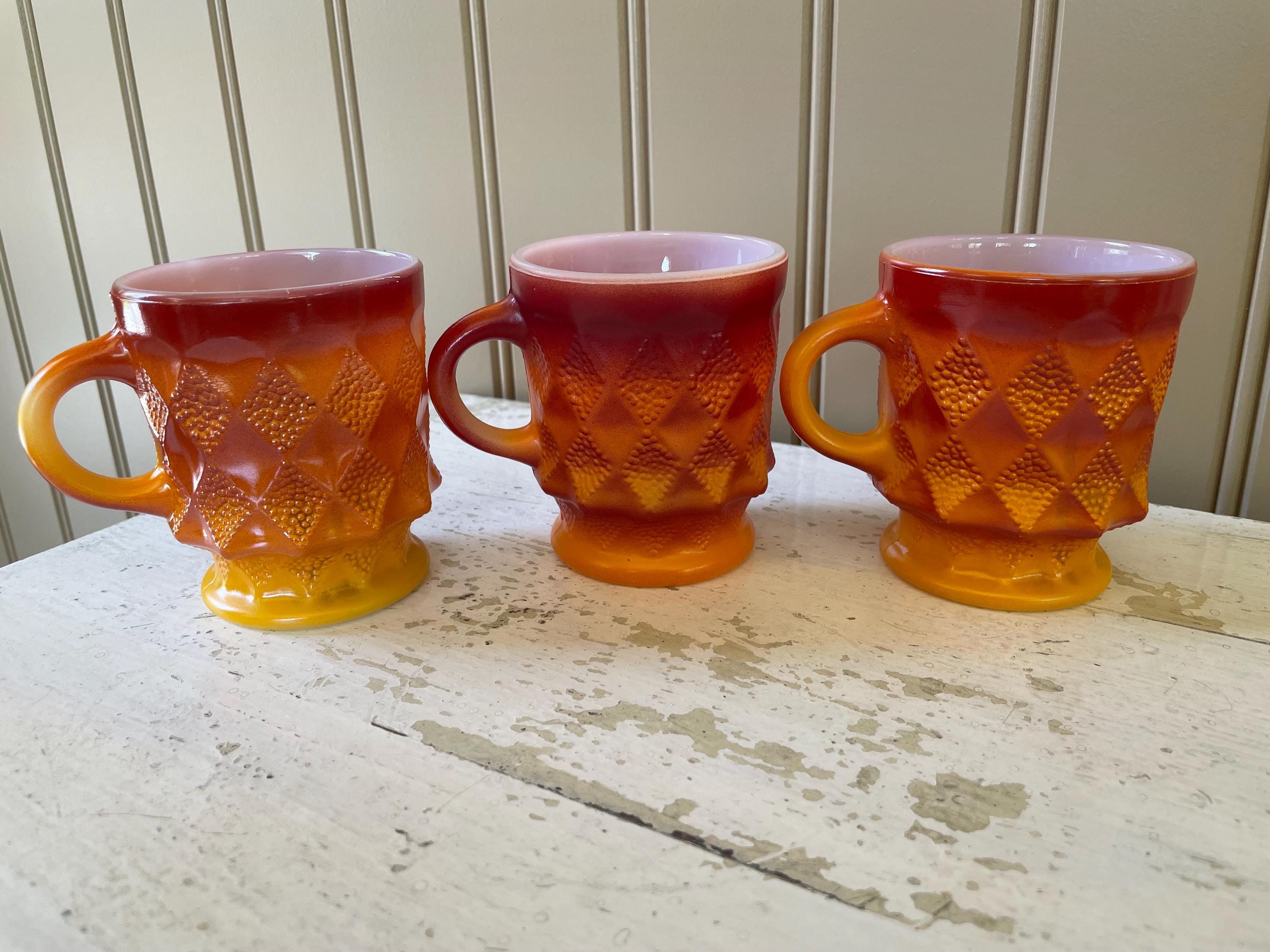 Fire King Kimberly Diamond Detailed Mugs Yellow Orange Red Set of