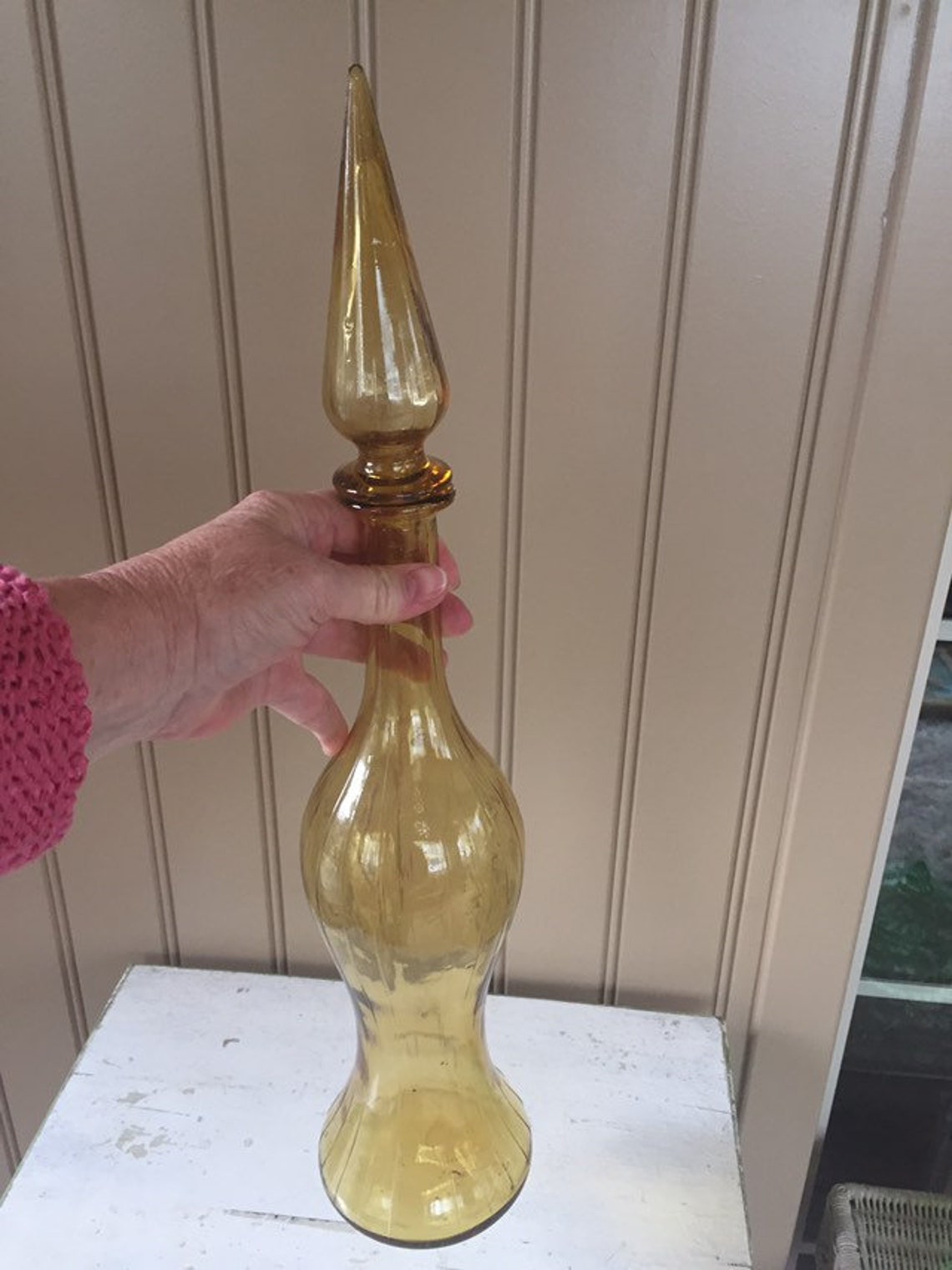 Amber yellow Italian hourglass decanter Genie bottle MCM Etsy