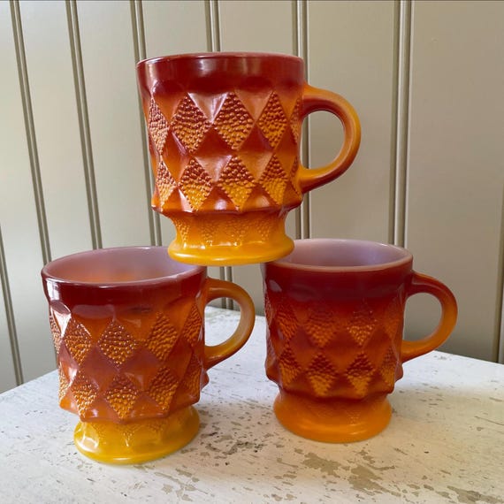 Fire King Kimberly Diamond Detailed Mugs Yellow Orange Red Set of