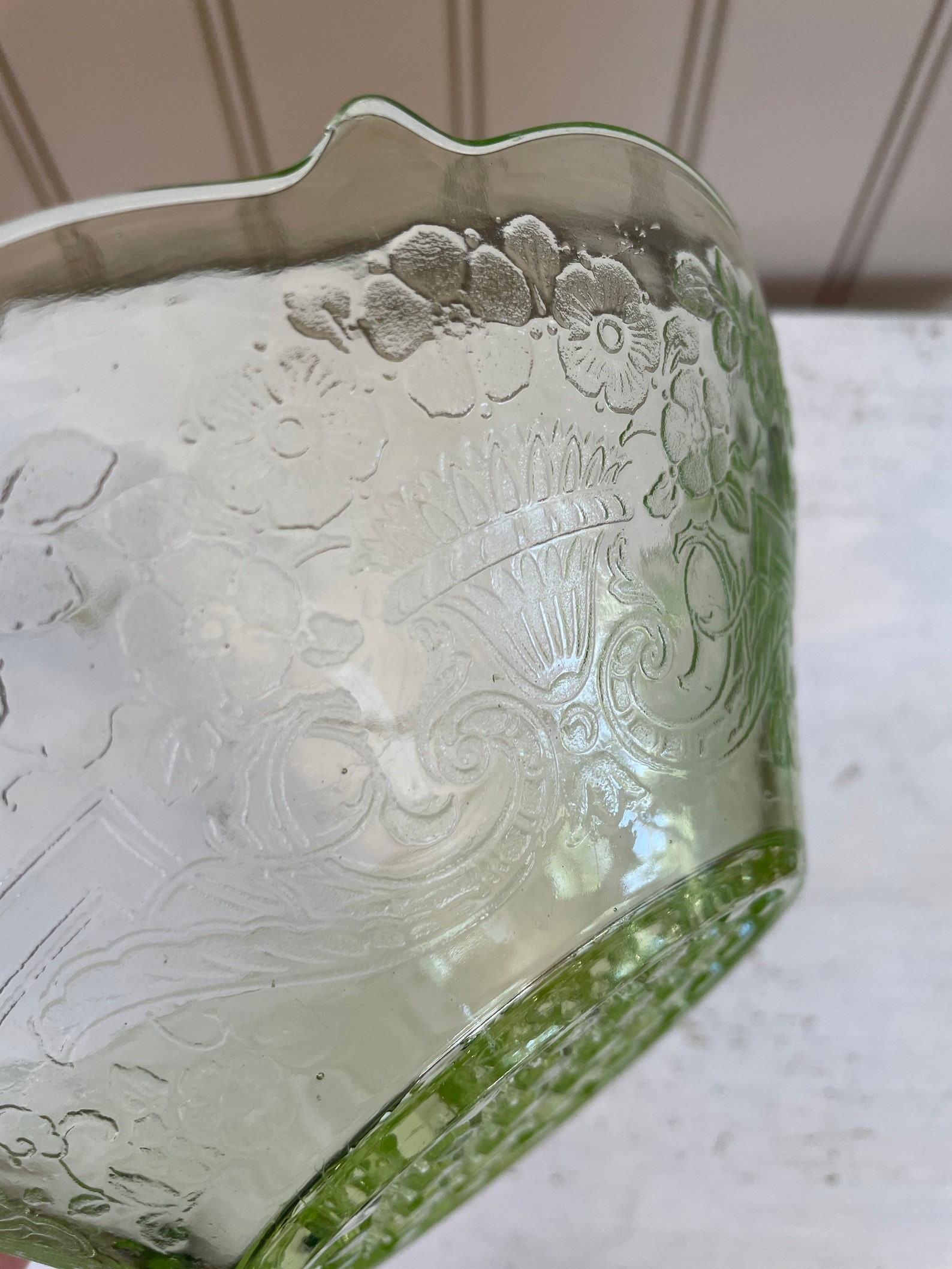Uranium Glass Green Etched Bowl With Handles Lancaster Glass Etsy