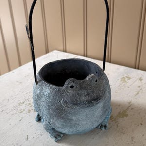May include: A blue frog-shaped planter with a black metal handle. The planter has a textured finish and a smiling face. The frog's feet are visible at the base. A decorative item for indoor or outdoor use.