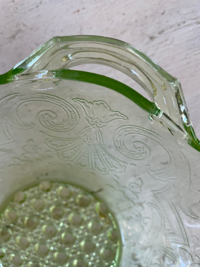 Uranium Glass Green Etched Bowl With Handles Lancaster Glass Etsy