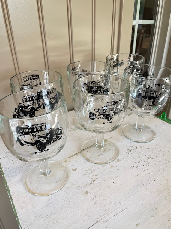 Antique Auto Themed Beer Glasses Thumbprint Pedestal Glasses Set