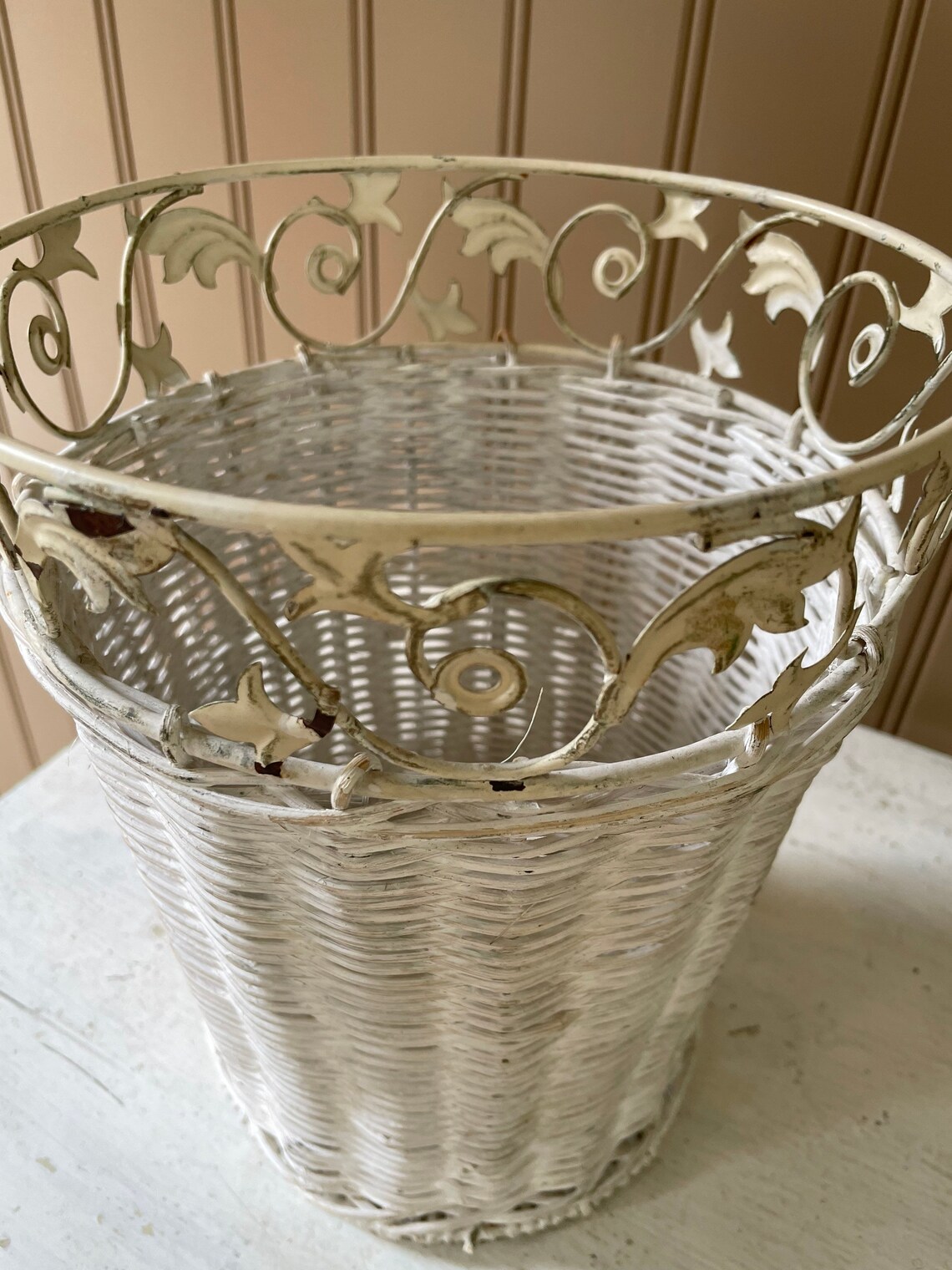 Chippy white wicker and metal wastebasket 10 inch wastebasket Etsy