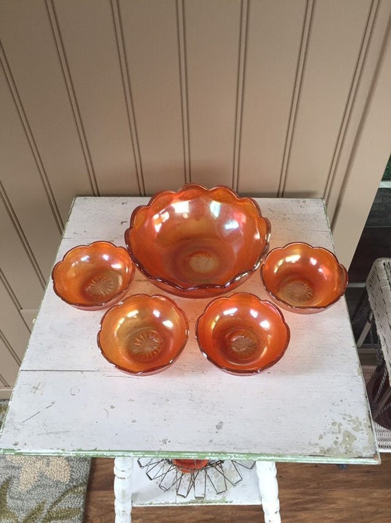 Jeannette Glass Marigold Carnival Glass Bowls Crackle Design Bowls