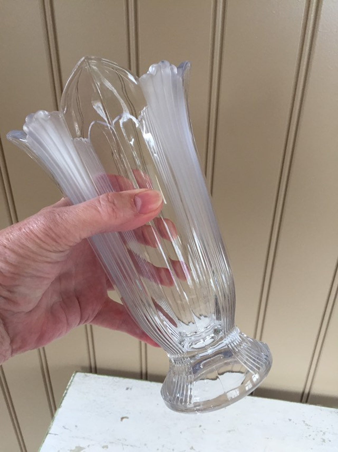 Glass Clear and Frosted Ribbed Vase Tulip Shaped Vase Mid Etsy