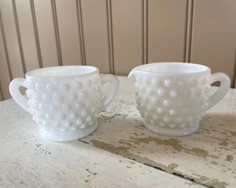 Fenton Milk glass hobnail small creamer and sugar