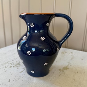German red clay pottery pitcher Milk pitcher Vase Navy blue with hand painted white flowers