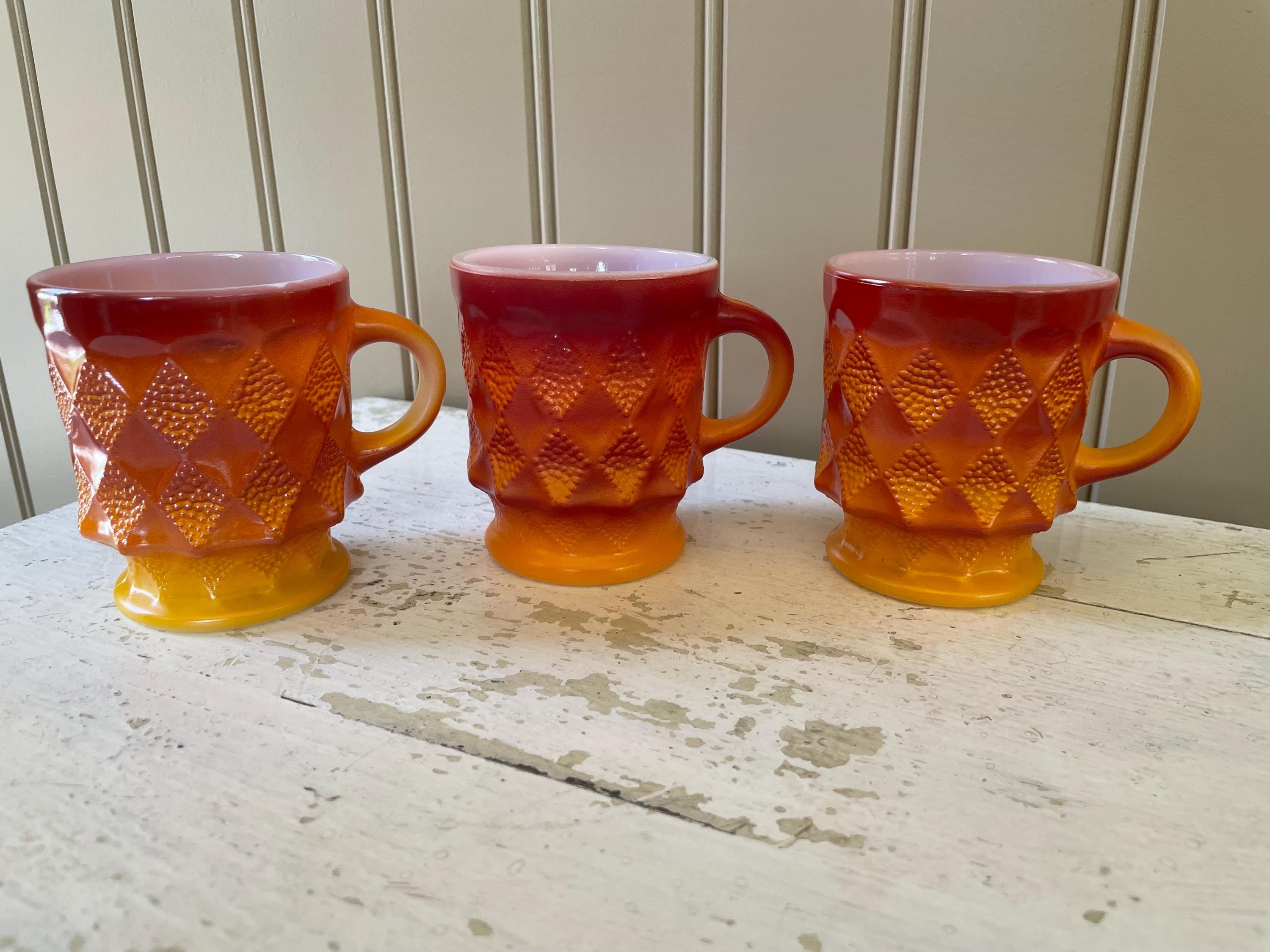 Fire King Kimberly Diamond Detailed Mugs Yellow Orange Red Set of