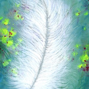 May include: An abstract painting of a large white feather against a teal and green background. The feather is the focal point, with detailed texture and a soft, ethereal glow. Green and yellow accents surround the feather, adding depth and contrast.