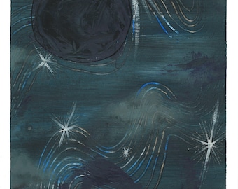 Puede incluir: Pintura abstracta sobre lienzo que representa un cielo nocturno azul oscuro con un gran círculo oscuro y varias explosiones de estrellas blancas. Líneas onduladas en plata y azul añaden movimiento. La pintura tiene una apariencia texturizada.
