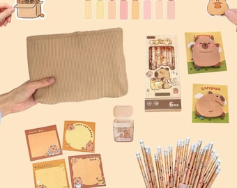 Capybara Lover Stationery Set – Corduroy Pouch, Pens, Pencils, Index Tabs & Sticky Notes