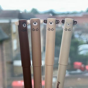 Kawaii Bear Gel Pens Set | 4pcs Brown Erasable Pens | Cute Animal Stationery | Korean School Supplies | Book Club Gift Idea