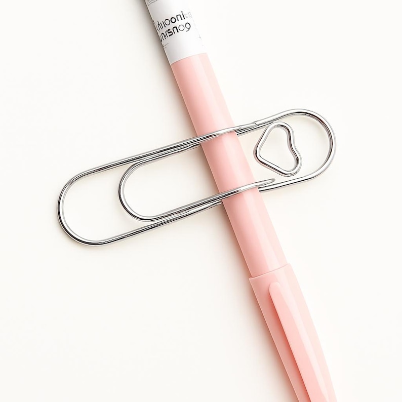 May include: A silver metal paperclip holding a pink pen. The paperclip has a heart-shaped design element. The pen has white text on it.